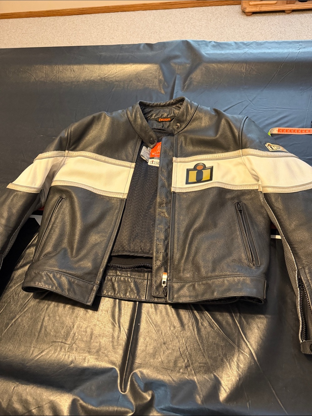 ICON Black Leather Bomber Jacket with White Chest Stripe